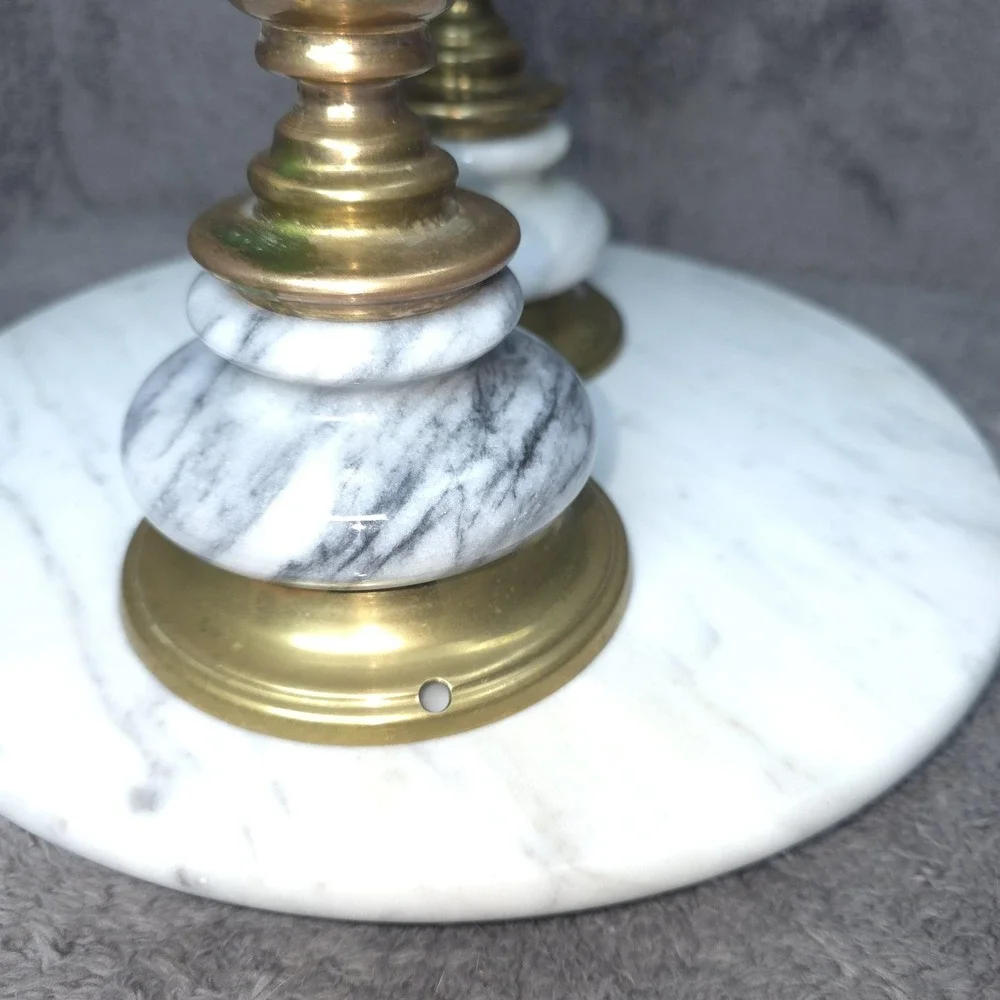 Vintage Brass Marble Candlestick Holders White Stone Taper Pillar Pair Decor 15